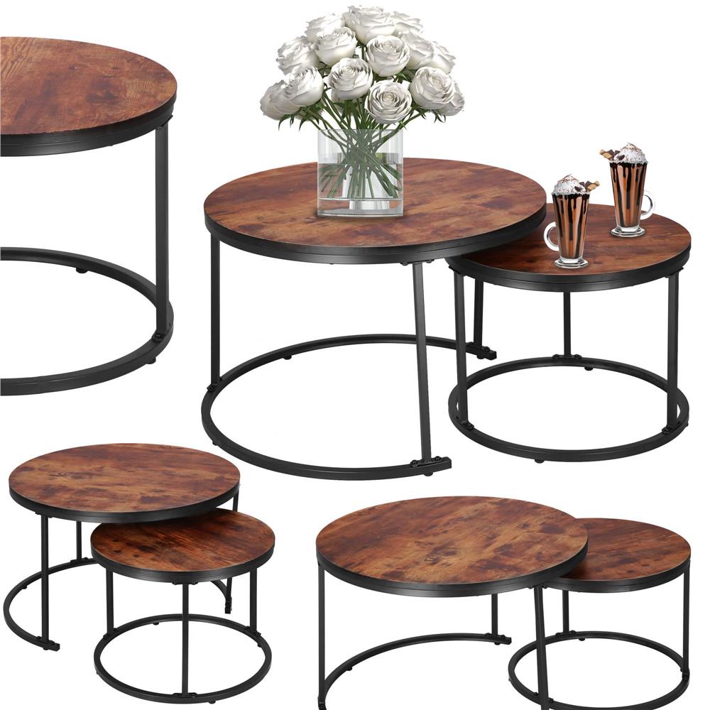 Set 2 mese pentru cafea suprapozabile, cadru otel, 70x70x47 cm si 50x50x40 cm, maro