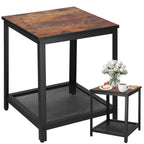 Masa de cafea patrata, noptiera cu cadru otel si polita de depozitare, 45x45x55 cm, maro rustic