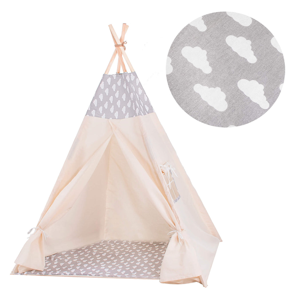 Cort copii  stil indian Teepee Tent cu fereastra, covoras gros si 2 perne, alb gri cu norisori