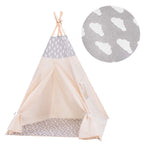 Cort copii  stil indian Teepee Tent cu fereastra, covoras gros si 2 perne, alb gri cu norisori