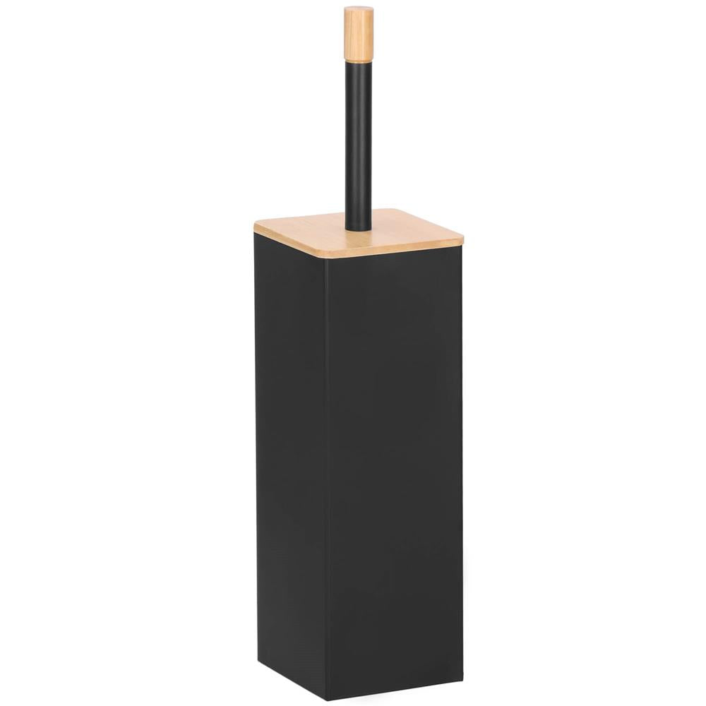 Perie WC cu rezervor detasabil si capac, din metal si bambus, 40 cm, negru