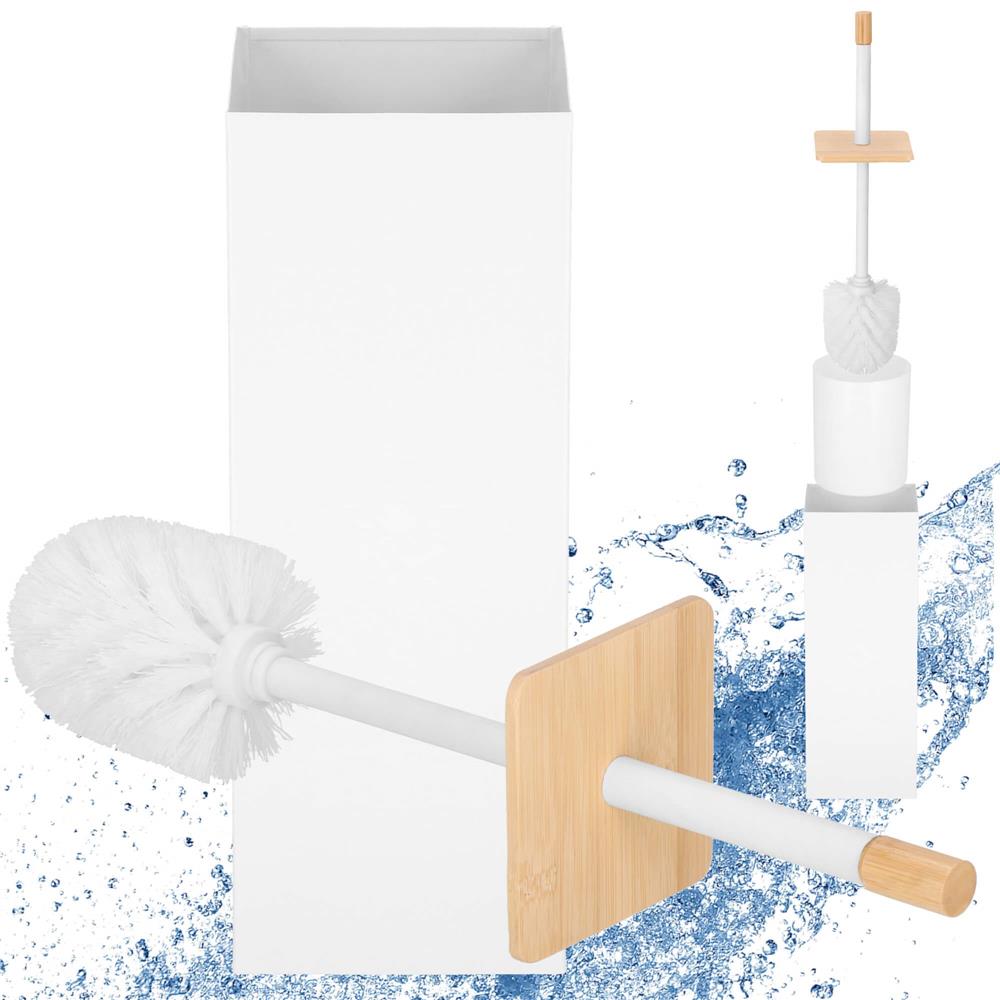 Perie WC cu rezervor detasabil si capac, din metal si bambus, 40 cm, alb