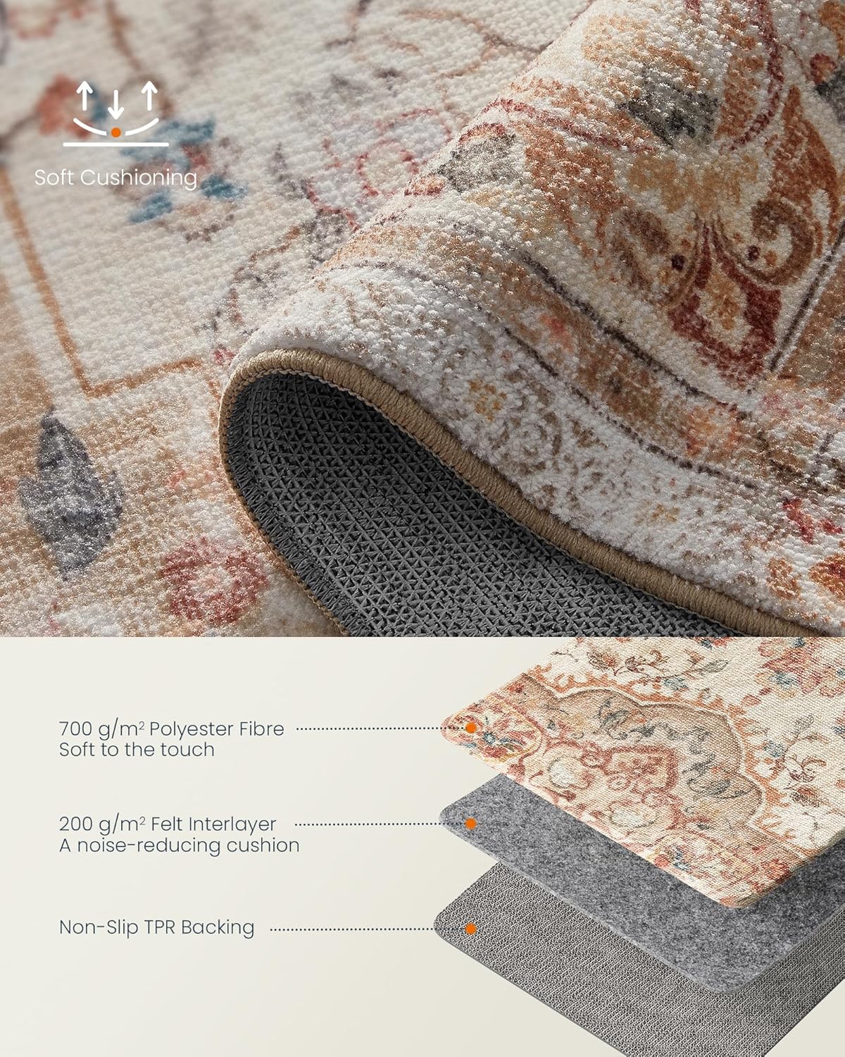 SONGMICS Covor decorativ antiderapant, stil vintage, lavabil la masina, 120×170 cm, bej cappuccino