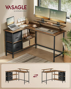 VASAGLE Birou in forma de L, suport monitor, 2 rafturi si 2 sertare, 105x135x76 cm, maro rustic