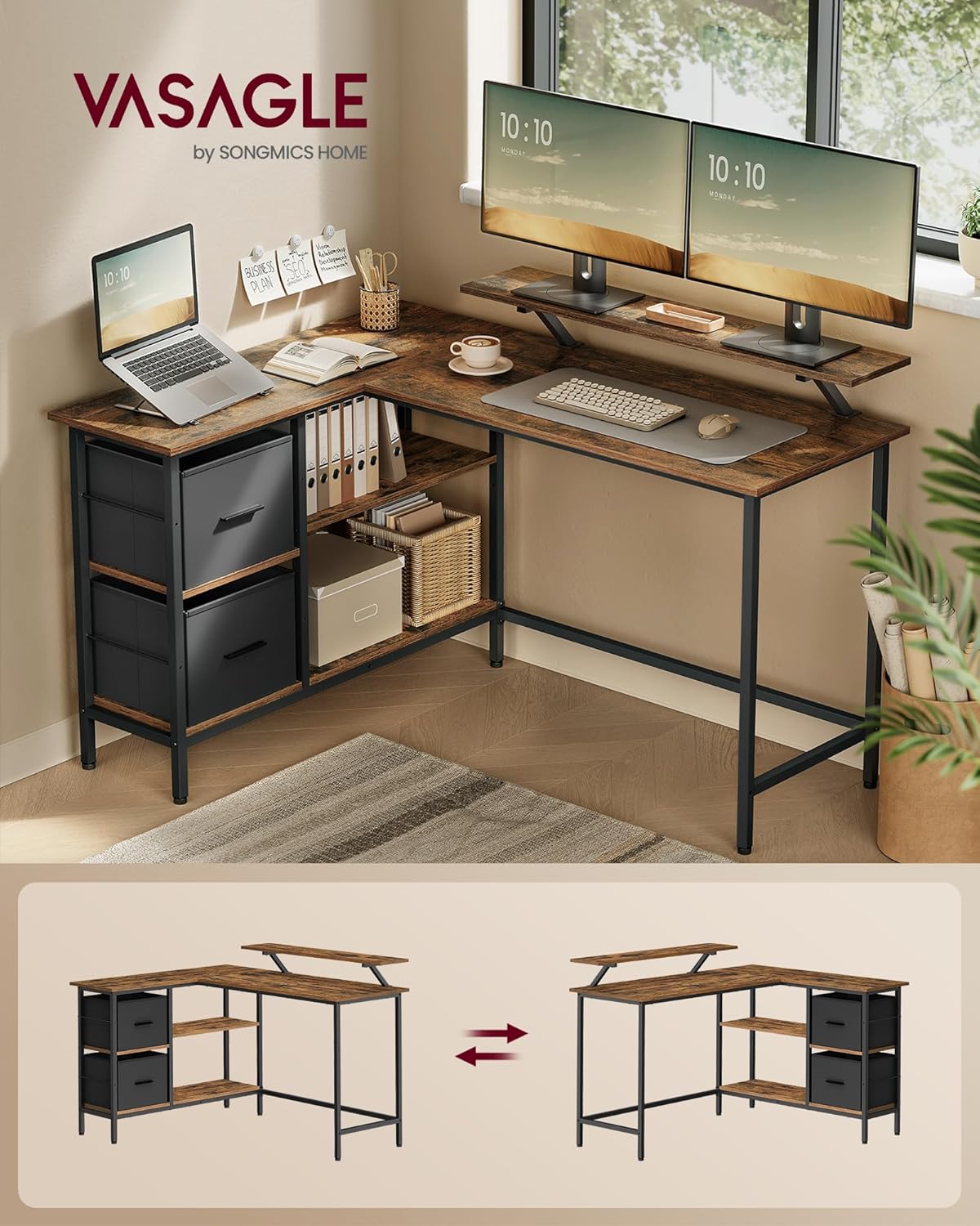 VASAGLE Birou in forma de L, suport monitor, 2 rafturi si 2 sertare, 105x135x76 cm, maro rustic