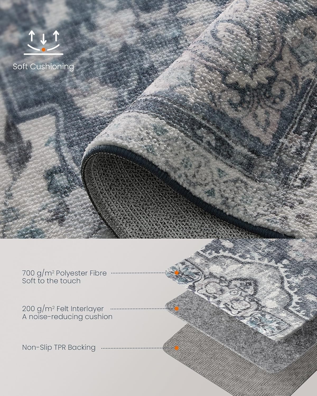 SONGMICS Covor decorativ antiderapant, stil vintage, lavabil la masina, 120×170 cm, gri