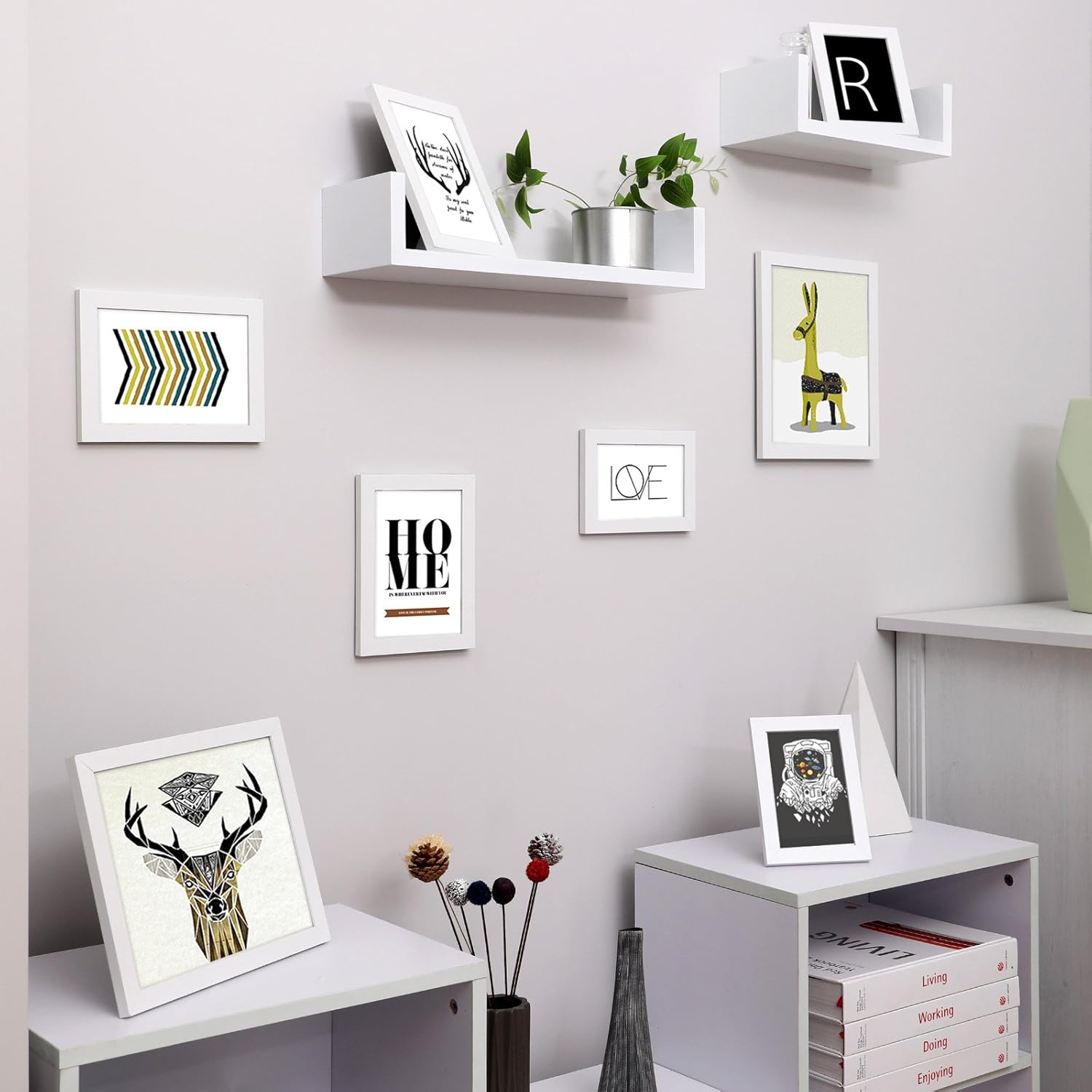 SONGMICS set rame foto 10 buc, 28x24 / 21x16 / 18x13 cm, alb, montaj perete sau birou, MDF si plastic