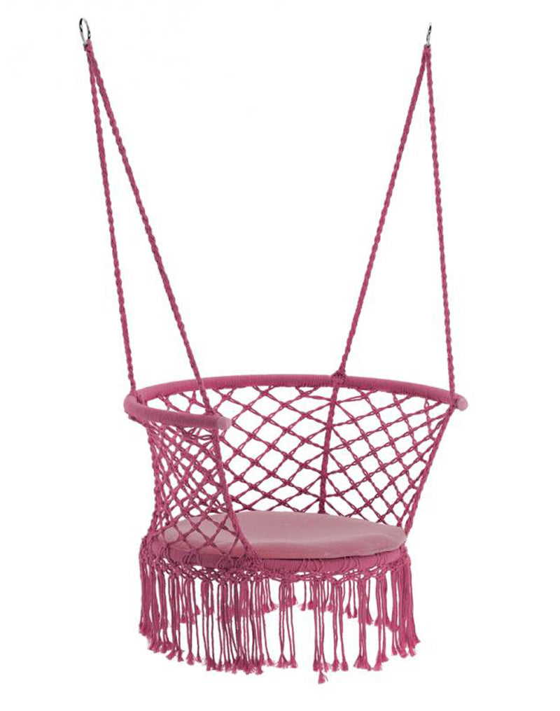 Scaun rotund tip leagan suspendat pentru casa sau gradina, cu franjuri, 150kg, cu perna, roz