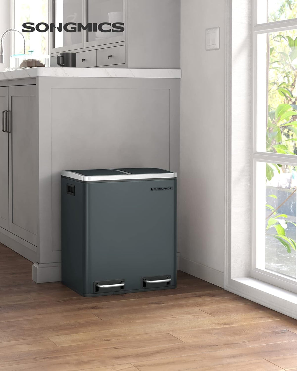 SONGMICS Cos de gunoi din inox cu 2 compartimente colectare selectiva, cu galeti interioare, 2x15litri, gri