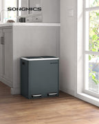 SONGMICS Cos de gunoi din inox cu 2 compartimente colectare selectiva, cu galeti interioare, 2x15litri, gri