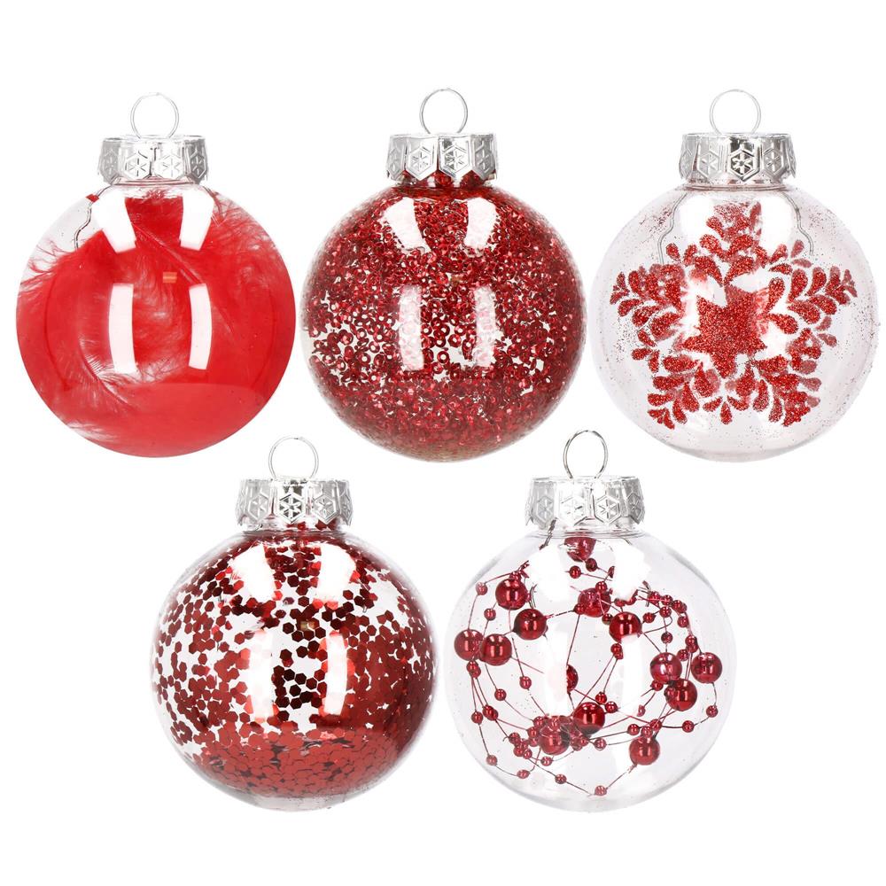 Set globuri de Craciun Inedit, 30 bucati, 7cm, transparente si rosu