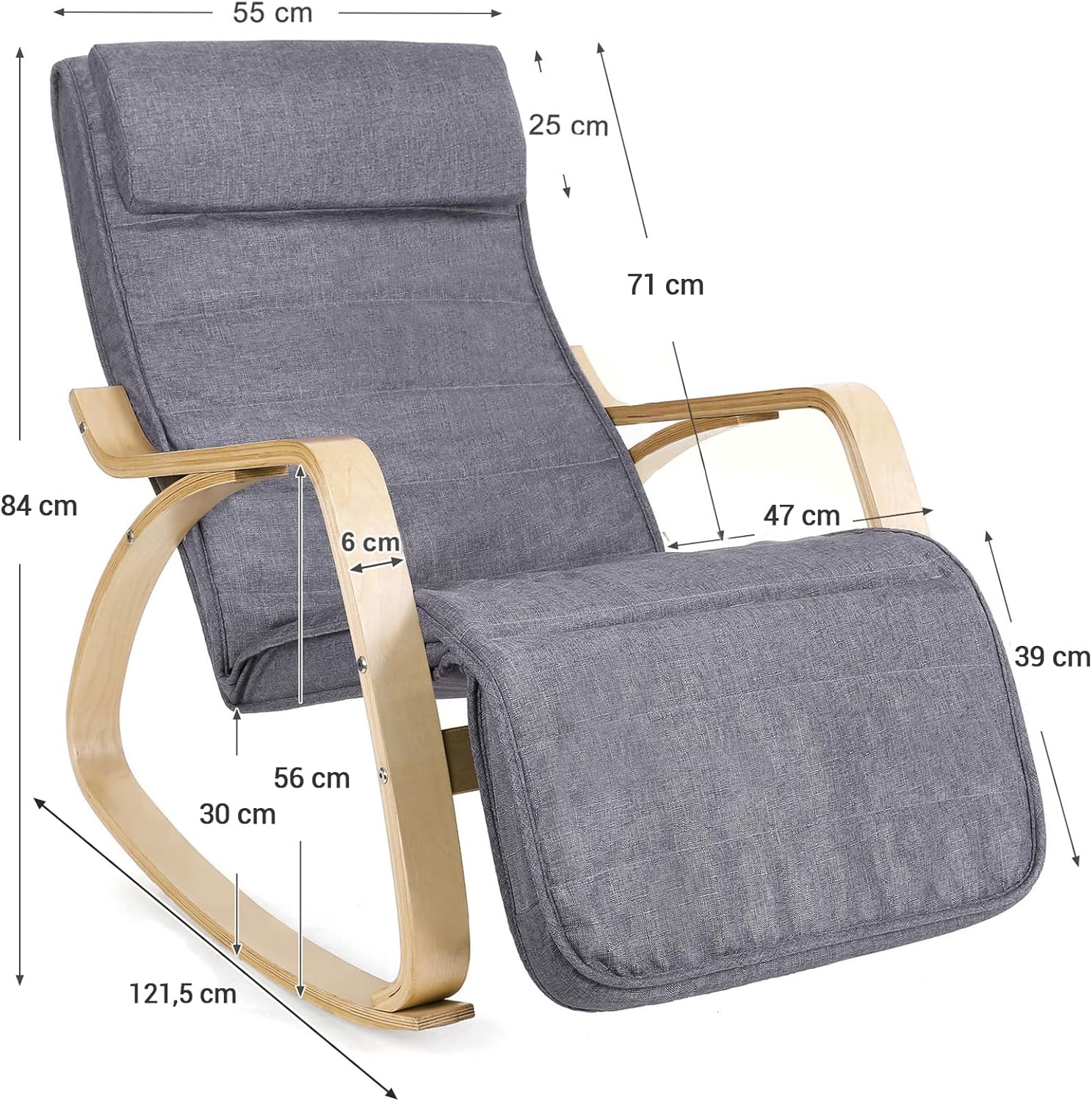 SONGMICS Scaun balansoar din lemn, suport picioare reglabil, maxim 150kg, 55x122x84cm, gri inchis