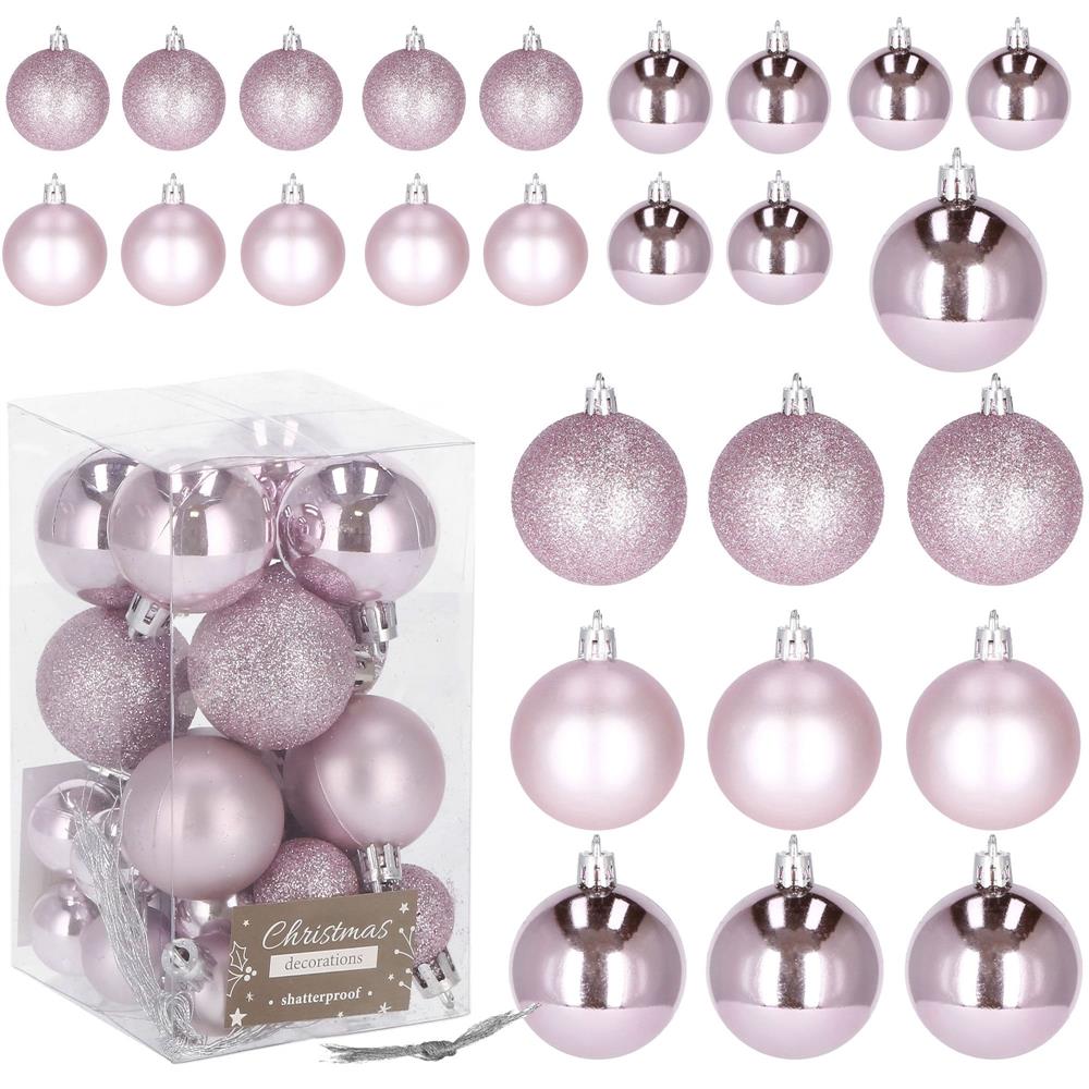 Set globuri de Craciun, 25 bucati, 3 modele, 2,5cm si 4cm, roz