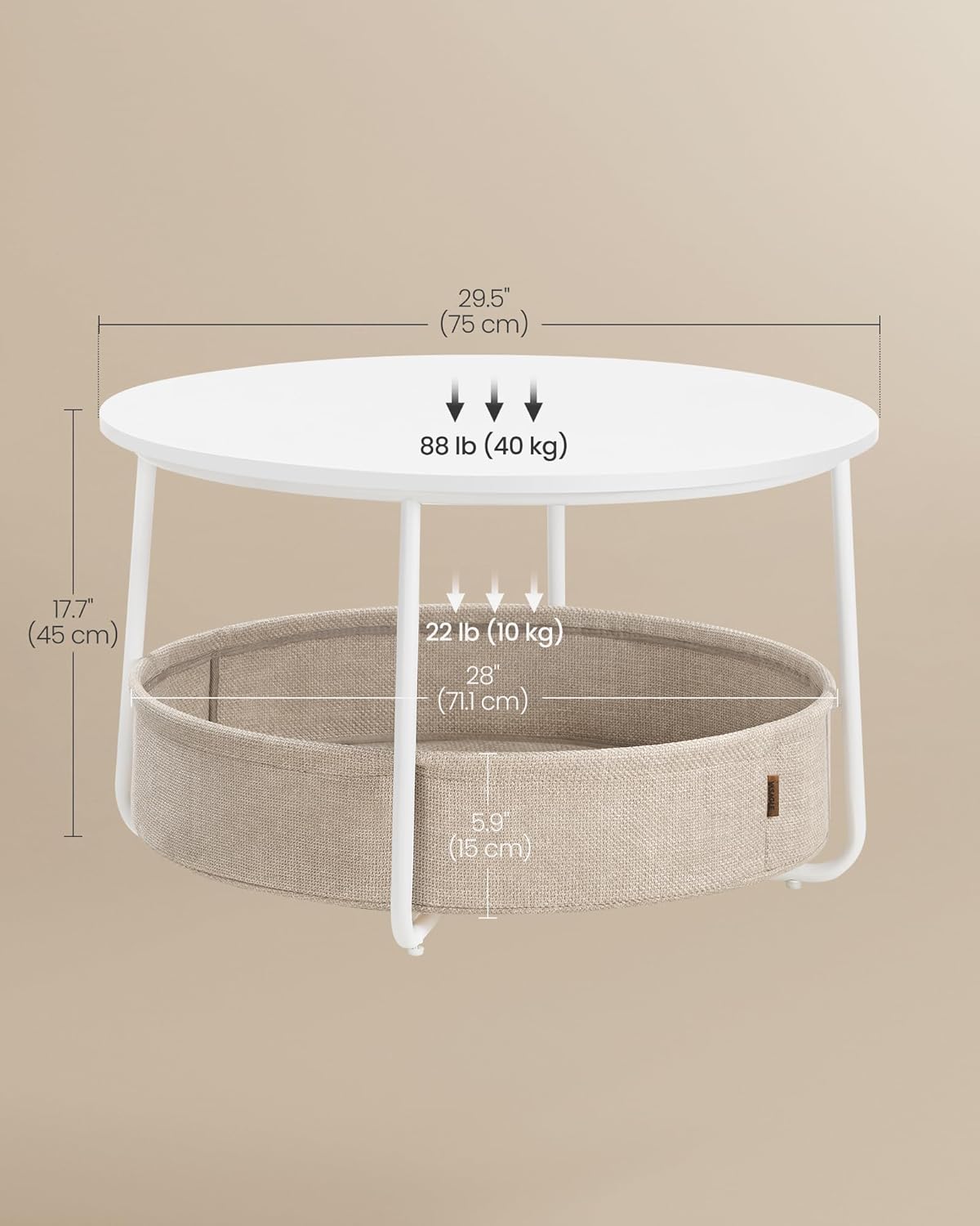 VASAGLE Masuta de cafea rotunda cu cos de stofa, stil modern, 45x75cm, alb cu bej