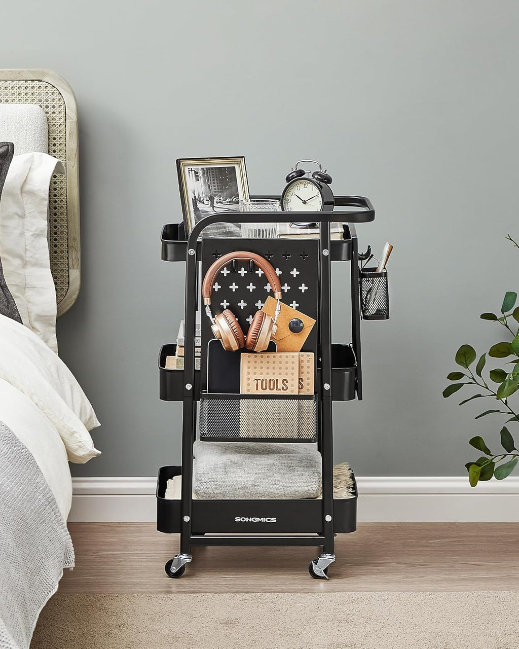 SONGMICS Raft de depozitare mobil tip carucior rulant, pentru baie sau bucatarie, cadru otel, 32x43x74 cm, negru