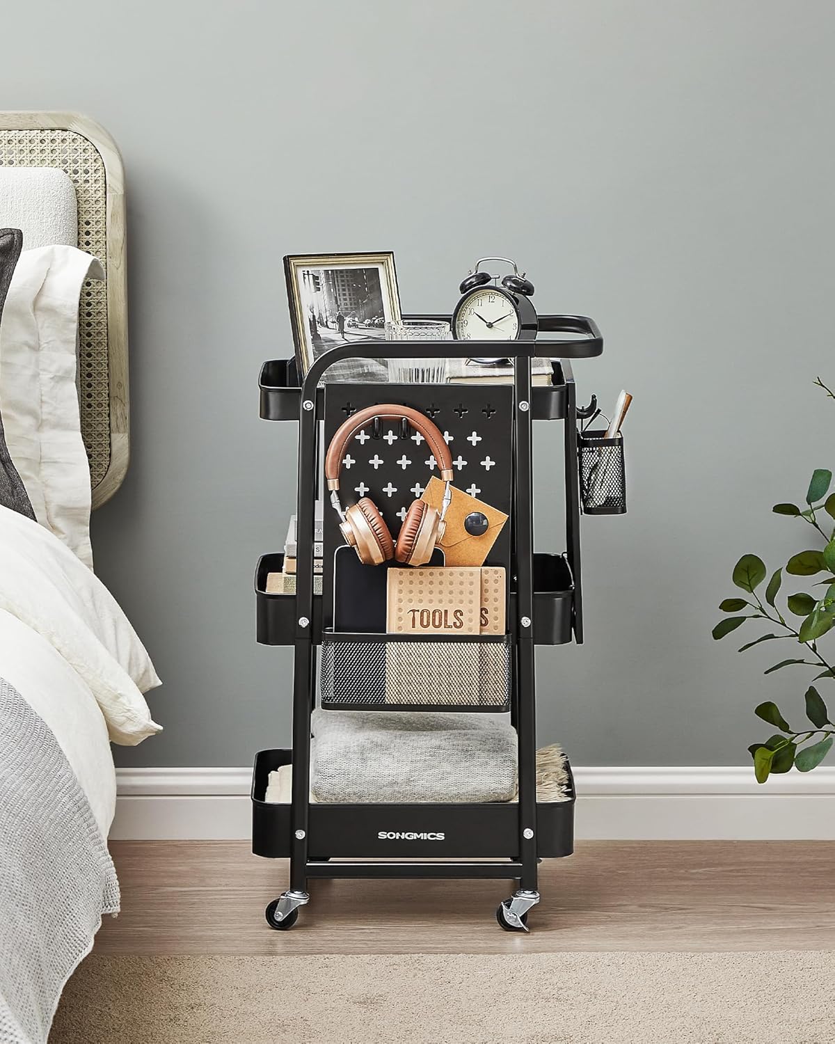 SONGMICS Raft de depozitare mobil tip carucior rulant, pentru baie sau bucatarie, cadru otel, 32x43x74 cm, negru