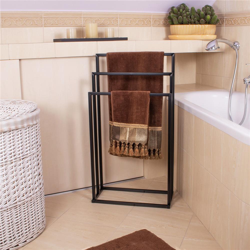 Suport metalic de baie pentru prosoape, cu 3 standuri, 84 cm, negru