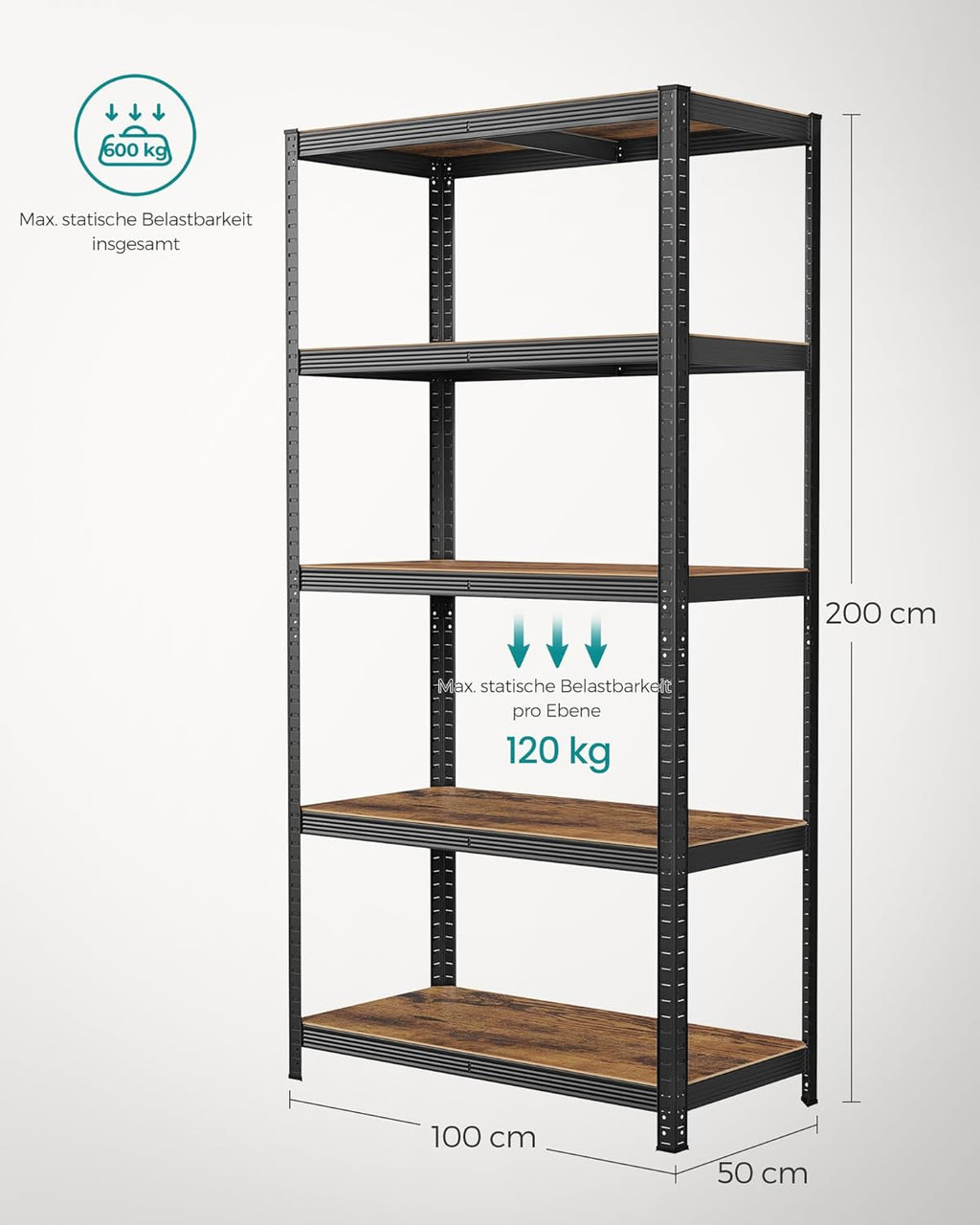 SONGMICS Raft de depozitare metalic, cu polite din PAL, 5 polite, max. 600 kg, 200x100x50cm, maro si negru