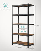 SONGMICS Raft de depozitare metalic, cu polite din PAL, 5 polite, max. 600 kg, 200x100x50cm, maro si negru