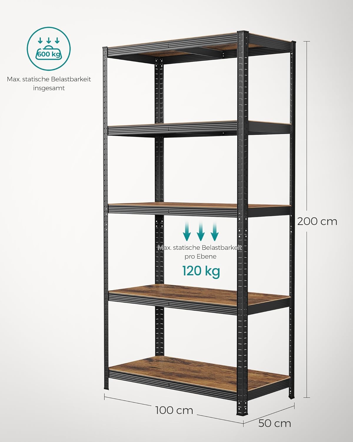 SONGMICS Raft de depozitare metalic, cu polite din PAL, 5 polite, max. 600 kg, 200x100x50cm, maro si negru