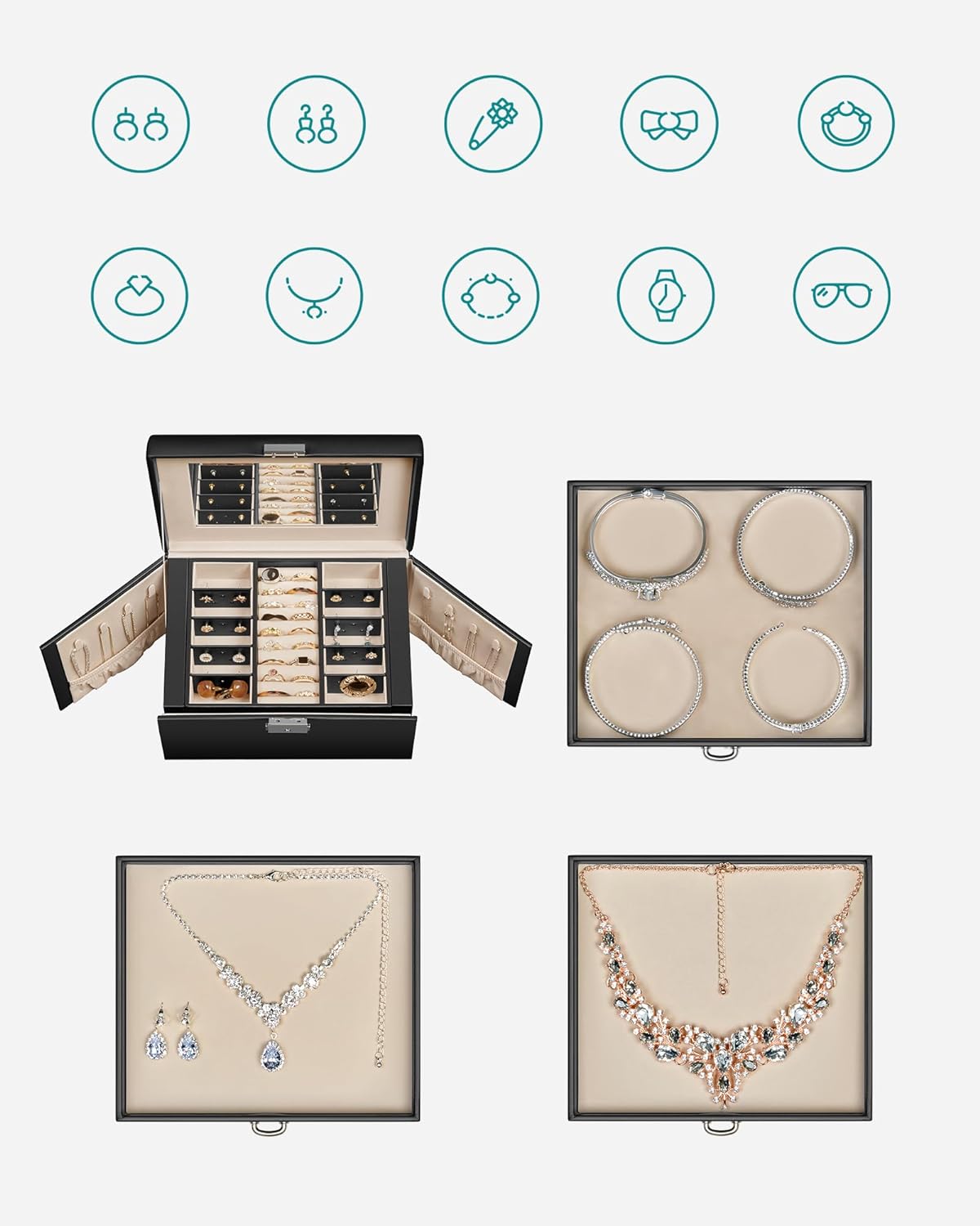 SONGMICS Cutie de bijuterii cu 4 nivele, 3 sertare, oglinda si incuietoare, 18x23x17cm, negru