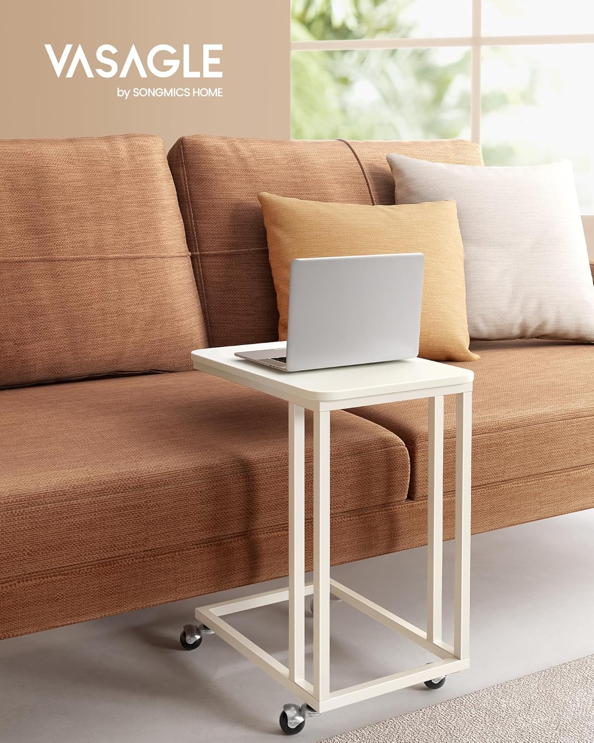 VASAGLE Masuta de cafea, cu cadru de otel si roti, stil industrial, 35x50x60 cm, crem