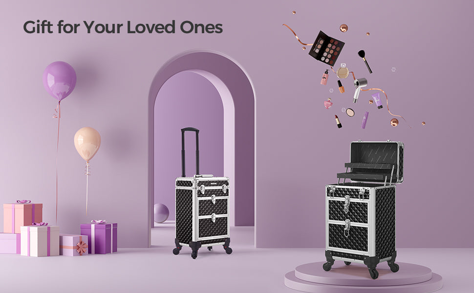 SONGMICS Valiza pentru cosmetice cu roti, profesionala, inchidere cu cheie, 24x34x56cm, negru