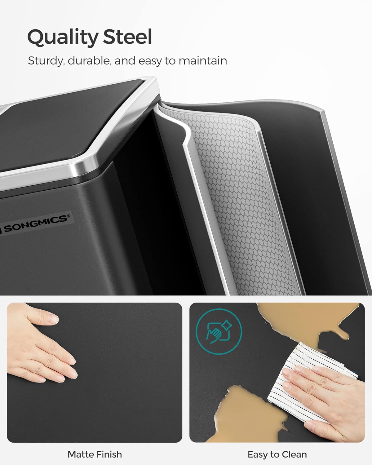 SONGMICS Cos de gunoi din inox cu 2 compartimente colectare selectiva, cu galeti interioare, 2x15litri, negru