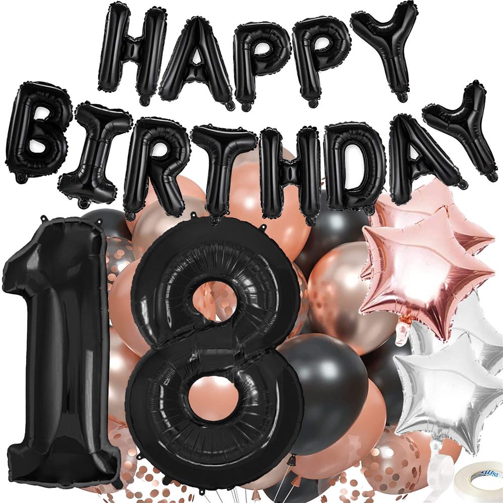 Set 53 baloane si decoratiuni Aniversare Majorat 18 Ani, negru roz