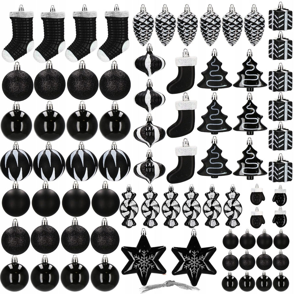 Set globuri si decoratiuni de Craciun, 77 piese, diverse dimensiuni, negru