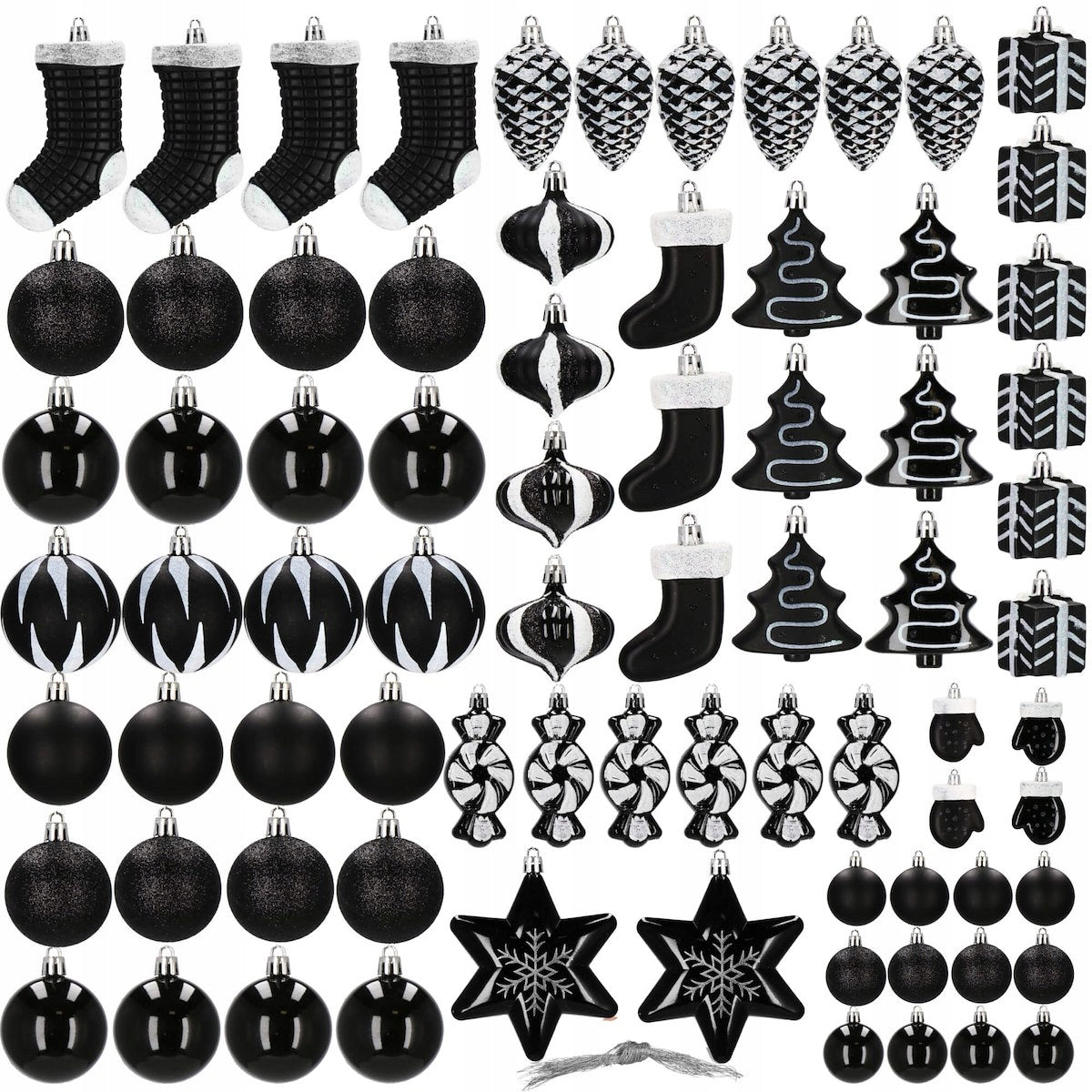 Set globuri si decoratiuni de Craciun, 77 piese, diverse dimensiuni, negru