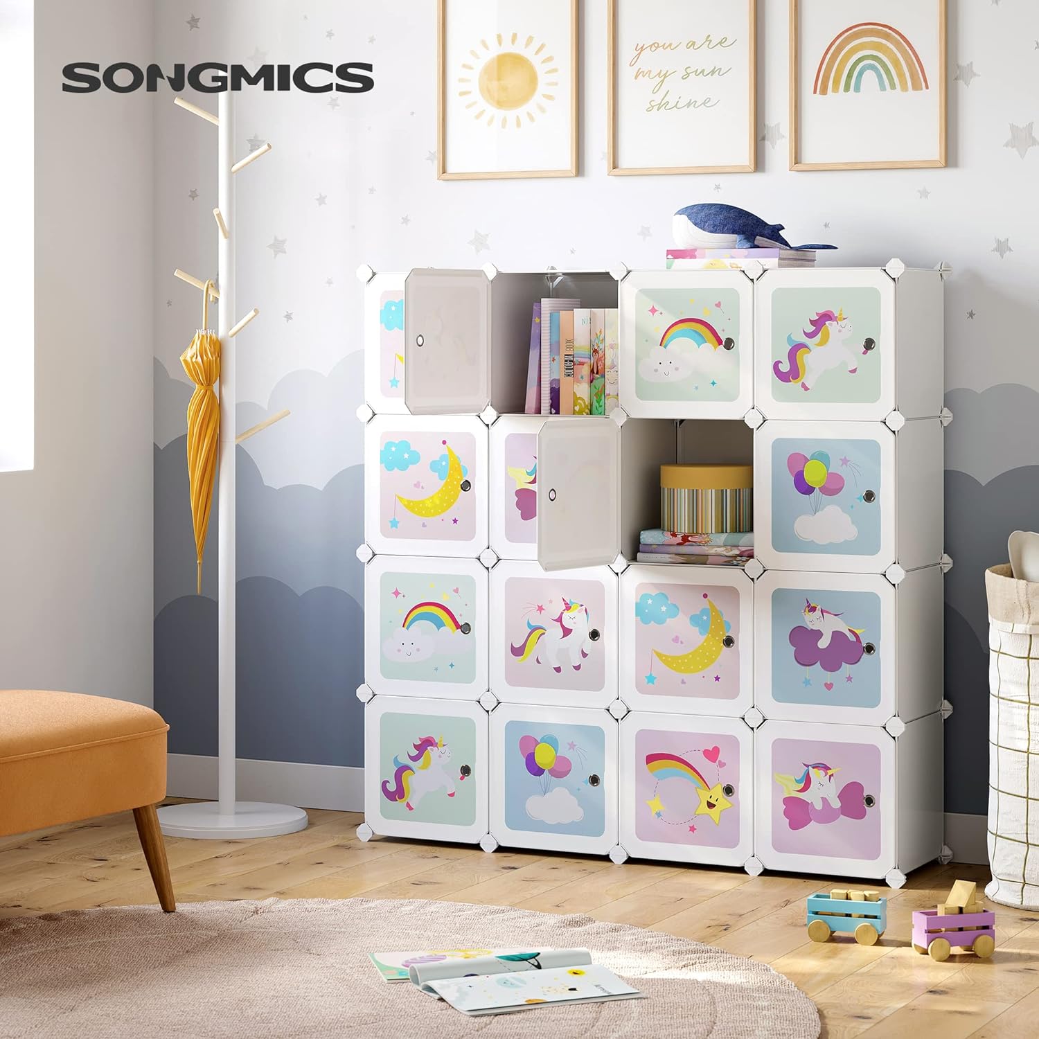 SONGMICS Dulap modular de depozitare jucarii, 16 cuburi cu usi, 123x31x123cm, alb