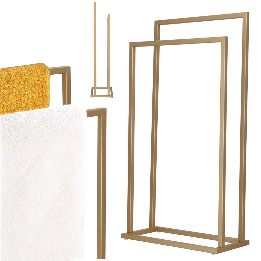 Suport metalic de baie pentru prosoape, cu 2 standuri, 86 cm, auriu mat