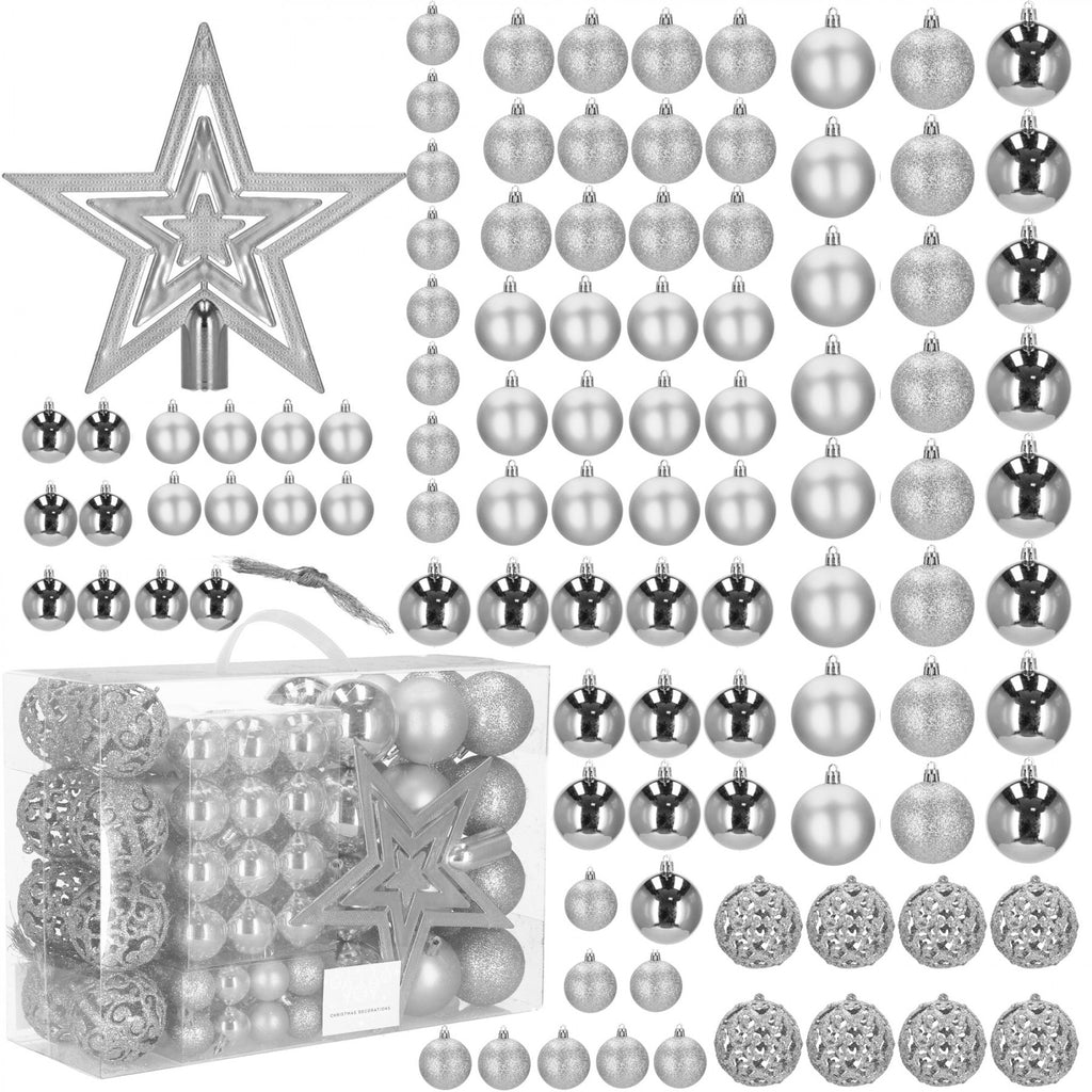 Set globuri si decoratiuni de Craciun, 100 piese, diverse dimensiuni cu stea, argintiu