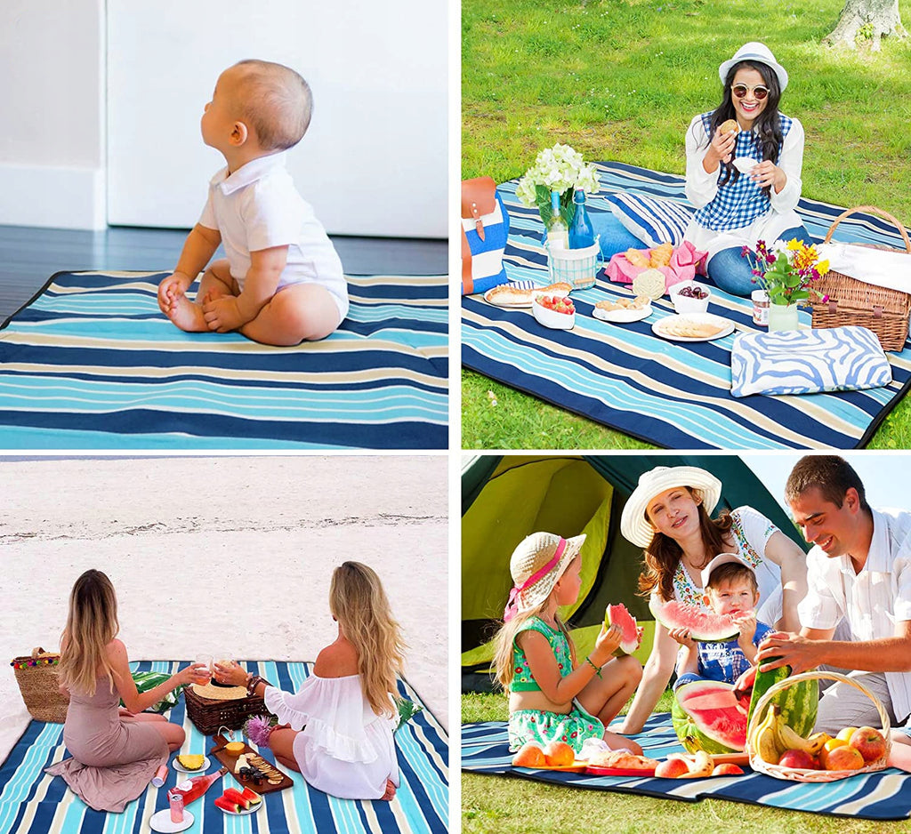 Patura pentru picnic sau plaja, cu folie izolatoare si maner, 200x200cm, alb albastru