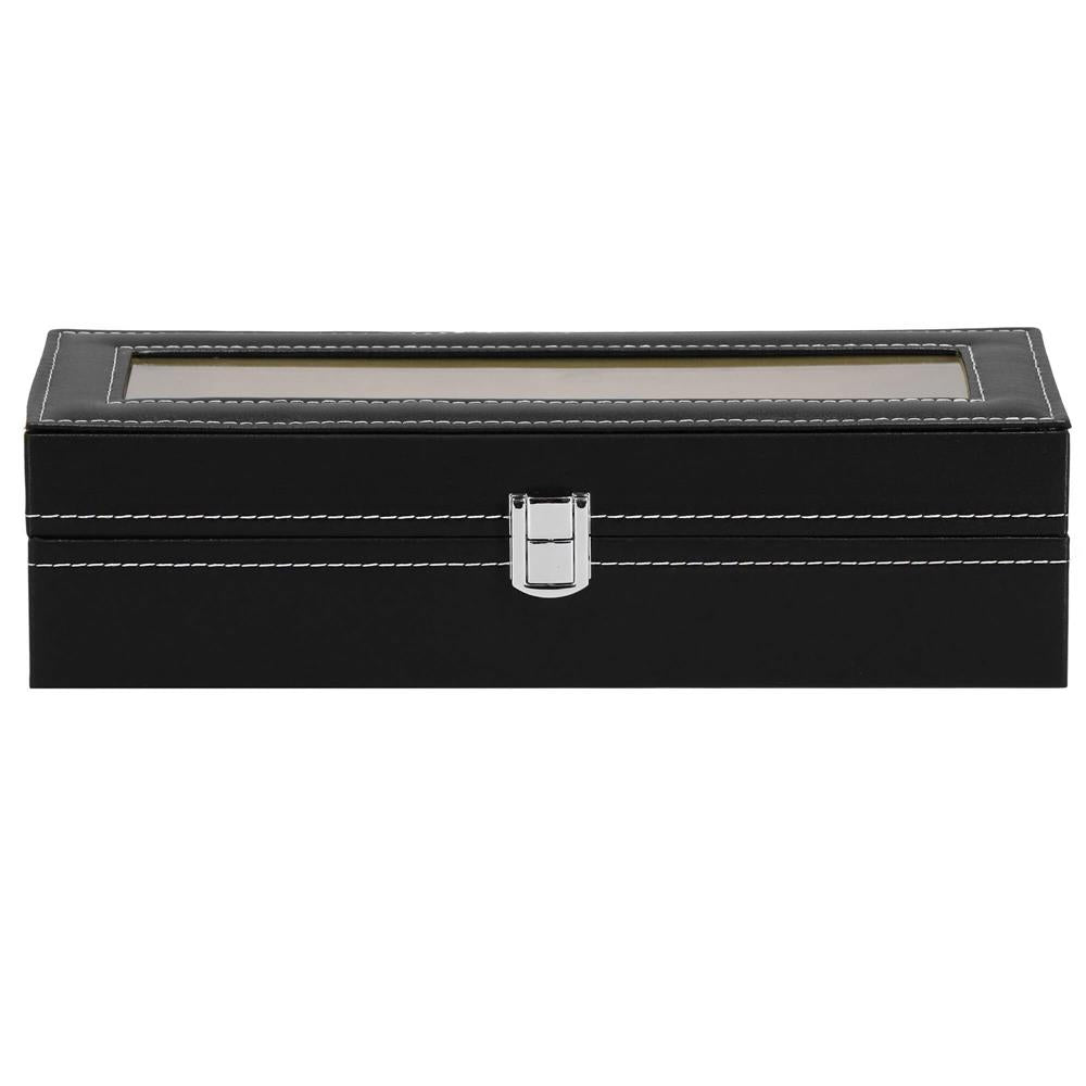 Cutie depozitare si organizare ceasuri, MDF, piele ecologica, 30x11x8cm, negru