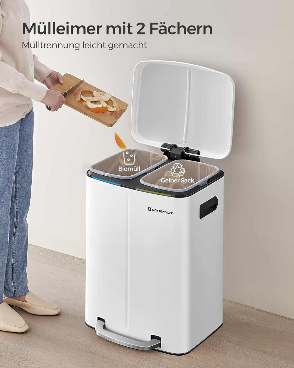 SONGMICS Cos de gunoi din inox cu 2 galeti interioare, colectare selectiva, 2x20 litri, alb