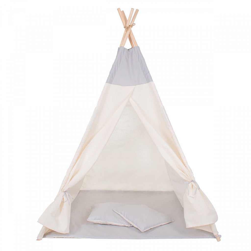 Cort copii  stil indian Teepee Tent cu fereastra, covoras gros si 2 perne, alb gri monocrom