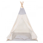 Cort copii  stil indian Teepee Tent cu fereastra, covoras gros si 2 perne, alb gri monocrom