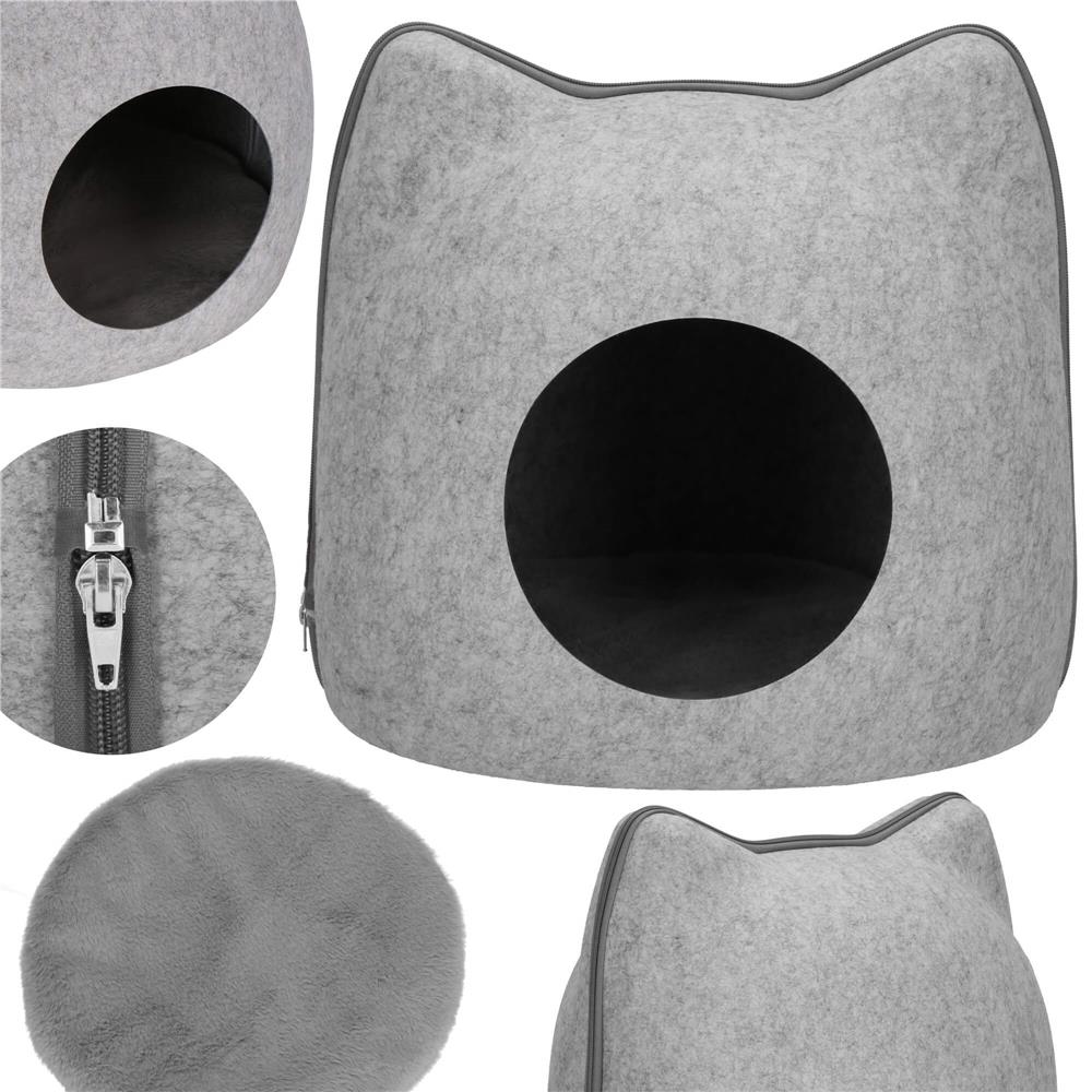 Patut pisici si caini, moale si pufos, antiderapant, perna detasabila, 38x36x36 cm, gri