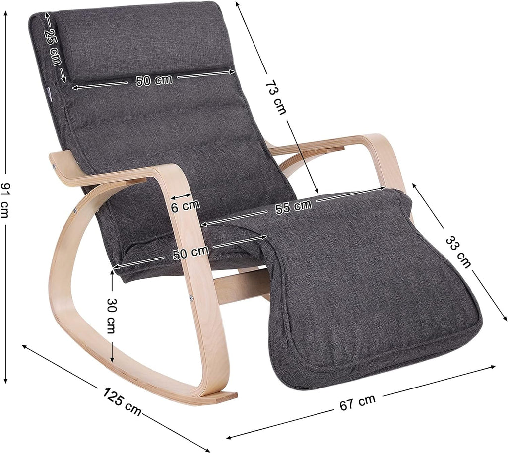 SONGMICS Scaun balansoar din lemn, suport picioare reglabil, maxim 150kg, 67x115x91cm, gri inchis