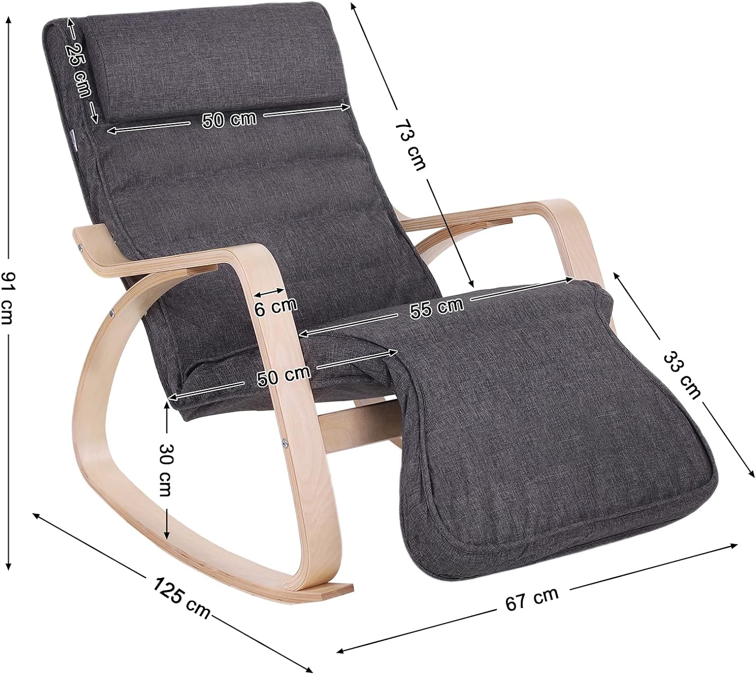 SONGMICS Scaun balansoar din lemn, suport picioare reglabil, maxim 150kg, 67x115x91cm, gri inchis