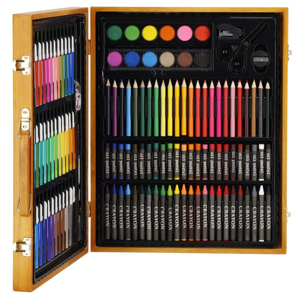 Set de pictura si desen pentru copii, 150 de piese, trusa lemn maro