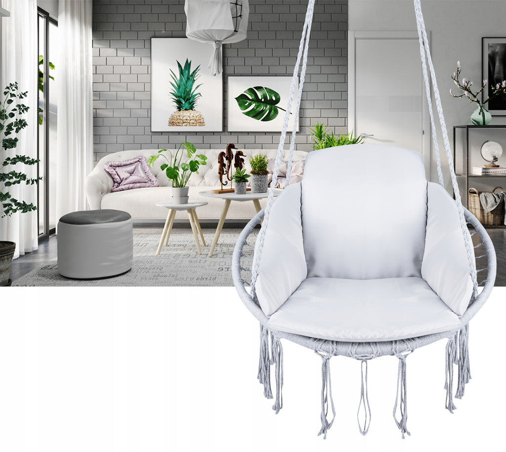 Scaun rotund  tip leagan suspendat cu perna Confort casa sau gradina, gri