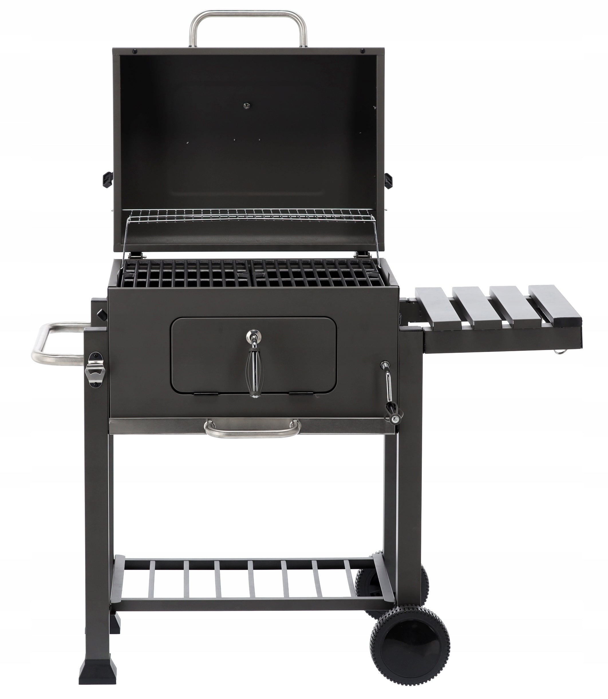 Gratar dreptunghiular pe carbuni, cu suport lateral si termometru capac, 115x60x108cm