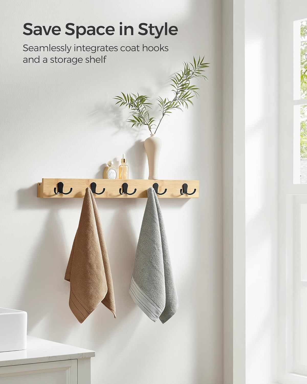 SONGMICS Cuier de perete pentru hol sau baie, 5 carlige duble, 5x70x7 cm, maro natural