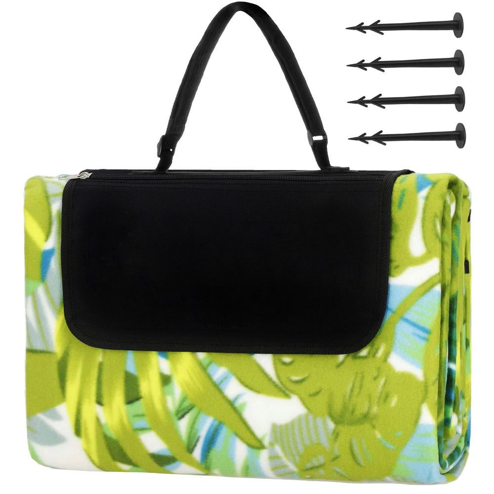 Patura pentru picnic sau plaja, cu folie izolatoare si maner, 200x200cm, model frunze, verde