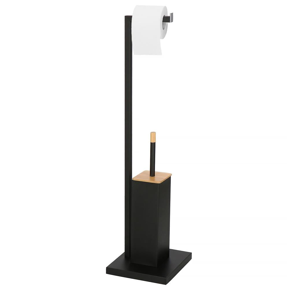 Stand cu perie WC si suport hartie igienica, metal si bambus, 79cm, negru
