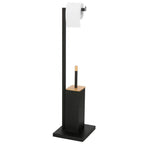 Stand cu perie WC si suport hartie igienica, metal si bambus, 79cm, negru