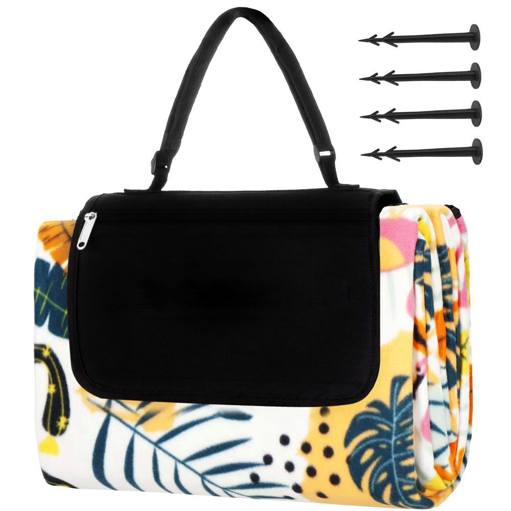 Patura pentru picnic sau plaja, cu folie izolatoare si maner, 150x200cm, model tropical, alb verde